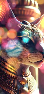 Egyptian themed cat with golden jewelry and blue eyes in mystical setting.