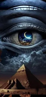 Surreal art featuring a cosmic eye above the Egyptian pyramids under a starry sky.