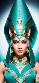 Stylized Egyptian goddess in turquoise with ornate headdress and jewelry.