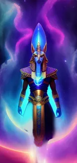 Mystical Egyptian god with cosmic, vibrant background.