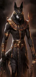 Mobile wallpaper of a mystical Egyptian god with gold accents.