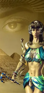 Mystical Egyptian scene with pyramids and goddess art.