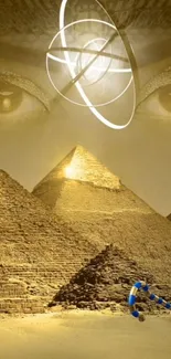 Golden Egyptian pyramids with a mystical Pharaoh's gaze.