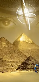 Egyptian pyramids with mystical eyes in background.