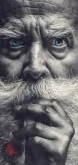 Mystical elder with blue eyes and thoughtful expression in gray tones.