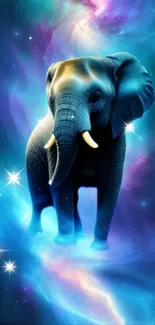 Elephant in colorful galaxy with stars and space backdrop.