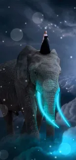 Mystical elephant with glowing tusks under cloudy night sky.