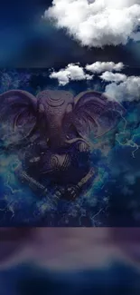 Mystical elephant artwork with a dark blue sky and clouds.