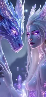 Mystical elf with blue dragon in fantasy art.