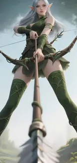 Mystical elf archer poised with bow in forest setting.