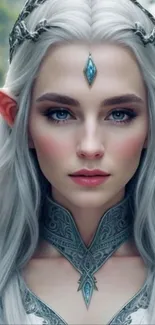 Mystical elf princess with silver hair and fantasy attire.