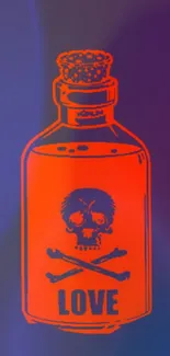 Red love potion bottle with skull on mystical background.