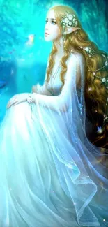 Mystical elven maiden with flowing hair and white dress in teal scenery.