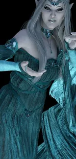 Mystical elven sorceress in teal dress.