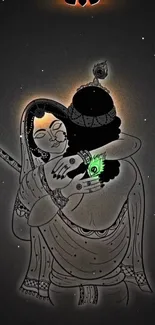 Artistic depiction of a divine embrace in grayscale with a vibrant green accent.