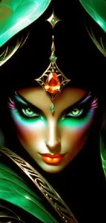 Mystical green enchantress artwork with glowing eyes.