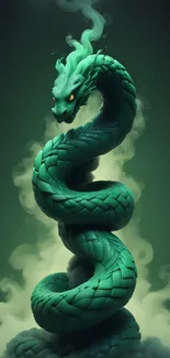 Vibrant emerald dragon coiled with mystical aura.