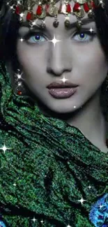 Mystical portrait with vibrant green accents and twinkling embellishments.