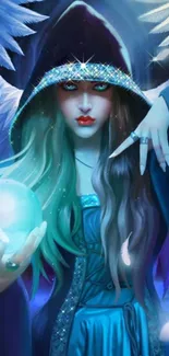 Mystical sorceress with orb in deep blue fantasy art.