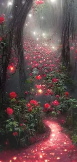 Enchanted forest path with glowing red flowers and mystical atmosphere.