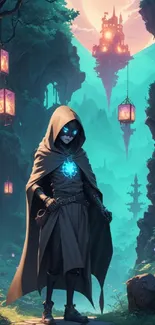 Hooded figure in mystical forest with glowing lights and floating castle.