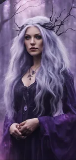 Ethereal woman in purple forest wallpaper.