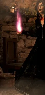 Enchantress in dark robe with pink magic flame in rustic setting.