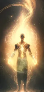 Mystical figure with golden energy aura on dark background.