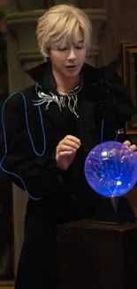 A mystical sorcerer holds a glowing orb in a fantasy setting.