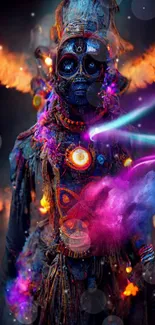 Mystical warrior with neon lights and colorful mask on dark background.