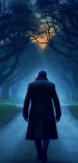 A lone figure walks down a tree-lined path at dusk.