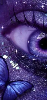 Close-up of a mystical eye with glitter and a butterfly in vibrant purple hues.