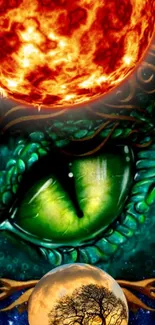 Fantasy wallpaper with green eye and celestial elements.