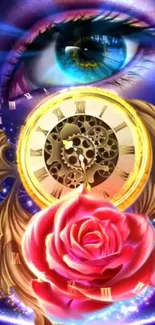 Mystical eye, clock, and rose artwork on a vibrant wallpaper.