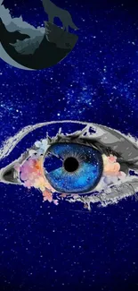 Mystical eye with floral details beneath a wolf and moon silhouette on starry blue background.