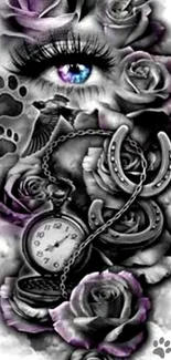 Mystical eye with roses, pocket watch, and horseshoe in black and purple tones.