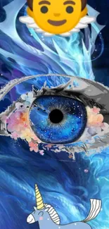 Vibrant blue eye with unicorn and emoji, set in swirling blue fantasy art.