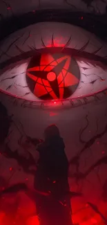 Anime wallpaper with a mystical red eye design and dark tones.