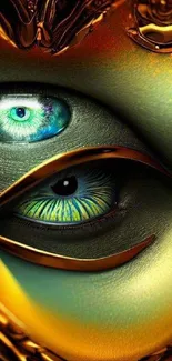 Mystical eye art with gold and green hues in surreal design wallpaper.