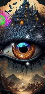 Mystical eye with a forest castle, surreal art wallpaper.