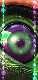 Mystical green eye with shimmering crystals in digital art.