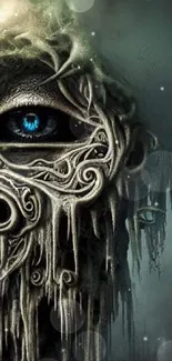 Mystical fantasy art with a blue eye embedded in intricate and dark details.