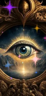 Intricate mystical eye with ornate gold frame.