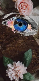 Mystical blue eye and flowers on an antique book.