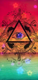 Mystical eye with geometric art and vibrant colors.