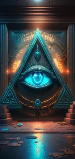 Mystical blue eye in ornate triangle with glowing symbols.