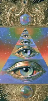 Surreal pyramid with eyes in vibrant color scheme and celestial elements.