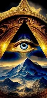 Mystical golden pyramid with an eye over mountains wallpaper.