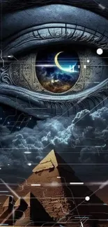 Surreal artwork of an eye with a moon and pyramids, creating a mystical atmosphere.