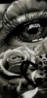 Mystical eye with wings and roses in black and white art design.